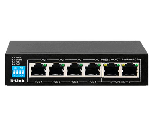 D-Link SWITCH 6PORT PoE, 10/100 LAN PORTS, 4x PoE BUDGET 60W, UNMANAGED, PLUG & PLAY, AUTO MDI/MDIX, DESKTOP
