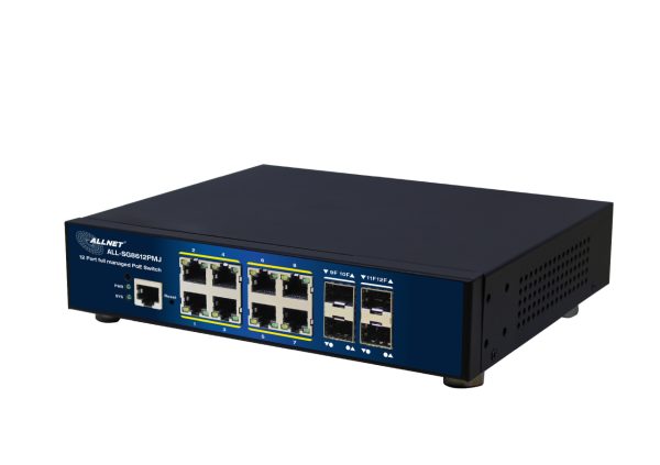 ALLNET Switch full managed Layer2+ 12 Port • 8x GbE • PoE Budget 300W • 8x PoE at • 4x SFP • 10 & 19 • Lüfterlos • JSON API • ALL-SG8612PMJ