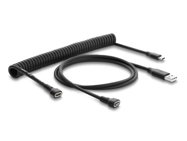 DeLOCK Magnetisches Spiralkabel USB 2.0 Typ-A Stecker zu Pogo 4 Pin Stecker + USB Type-C™ Stecker zu Pogo 4 Pin Buchse Set schwarz 1,5 m