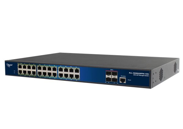 ALLNET Switch full managed Layer2+ 24 Port • 24x GbE • PoE Budget 370W • 24x PoE at • 4x SFP+ • 19 • JSON API • ALL-SG8628PMJ-10G